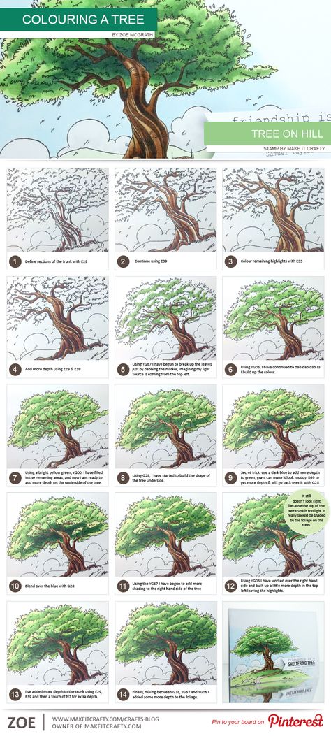 make-it-crafty-tree-step-by-step Copic Markers Tutorial, Tree Drawings Pencil, Pencil Trees, Colored Pencil Tutorial, Colored Pencil Techniques, Coloring Tutorial, Colouring Techniques, Tree Drawing, Art Instructions