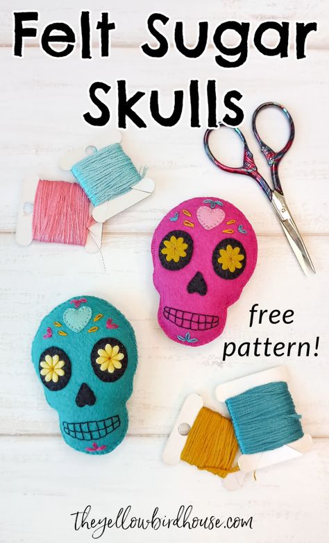 Free Halloween Felt Patterns, Felt Skull Pattern, Halloween Felt Ornaments Patterns Free, Sugar Skull Template Free Printable, Felt Jewelry Diy, Free Halloween Patterns, Mexican Folk Art Decor Diy, Diy Day Of The Dead Decorations, Diy Dia De Los Muertos Decorations Ideas