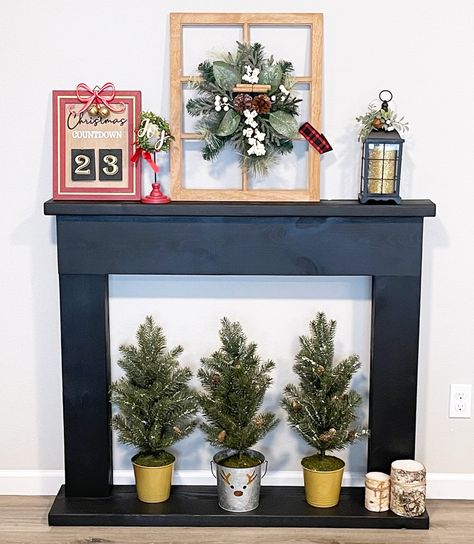 Diy Fireplace Mantle Photo Prop, Removable Fireplace Mantle, Homemade Fireplace Mantle, Renter Friendly Diy Faux Fireplace, Diy Fake Mantle, Diy Fireplace Apartment Faux Mantle, Faux Mantle With Tv, Simple Faux Fireplace Diy, How To Build A Faux Fireplace