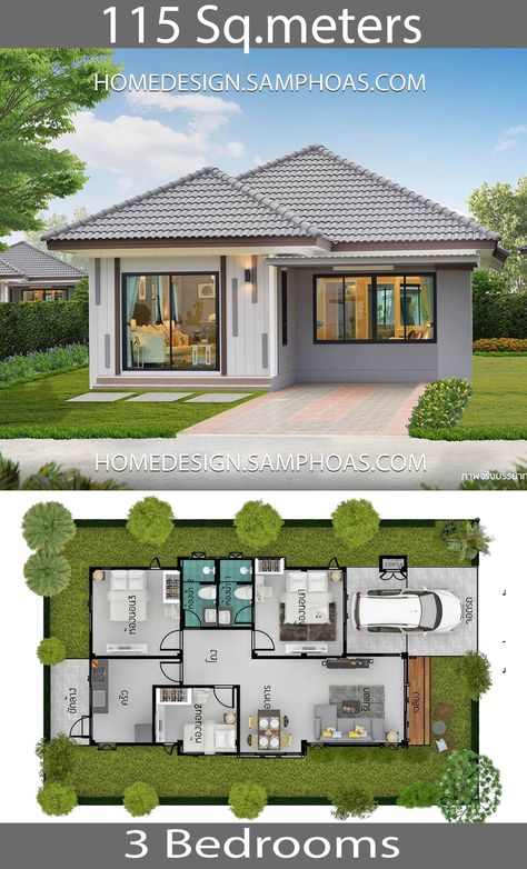 115 Sqm 3 Bedrooms Home Design Idea - Home Ideas 3 Bedroom Home Floor Plans, Three Bedroom House Plan, Pelan Rumah, Two Story House, Three Bedroom House, Modern Bungalow House, Simple House Design, House Plan Gallery, Simple House Plans