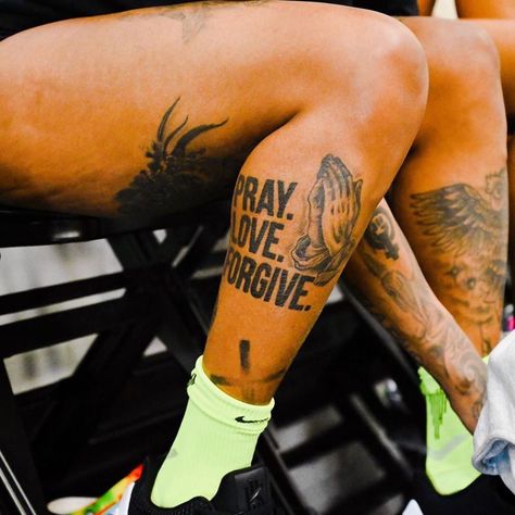 Cool Leg Sleeve Tattoos Men, Back Of The Leg Tattoos Men, Pray Love Forgive Tattoo, Faith Leg Tattoo Men, Tattoos Representing God, Outer Leg Tattoo, 1 Of 1 Tattoo Men, Pray For Me Tattoo, Christian Leg Tattoo