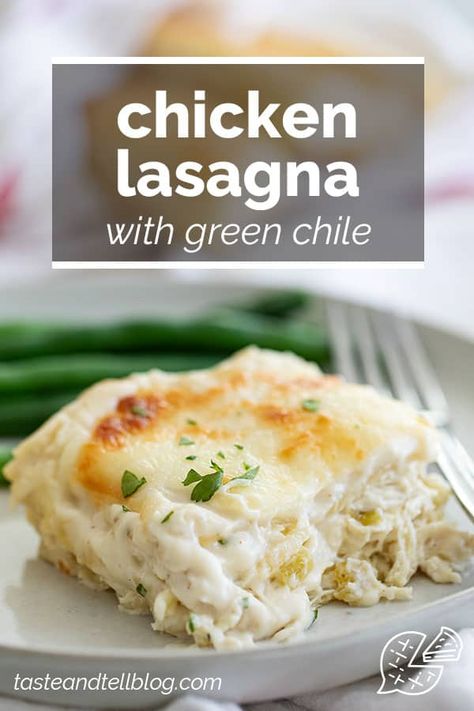 Super creamy and a little bit spicy, this Chicken Lasagna with Green Chile and Cheese is comfort food at its best! Noodles are layered with a cheesy chicken and green chile filling and topped with an easy homemade alfredo. #recipe #lasagna #chickenrecipe #greenchile Easy Homemade Alfredo, Best Noodles, Recipe Lasagna, Green Chili Chicken, Chicken Lasagna, Baked Dinner, Homemade Alfredo, Alfredo Recipe, Cheese Tasting