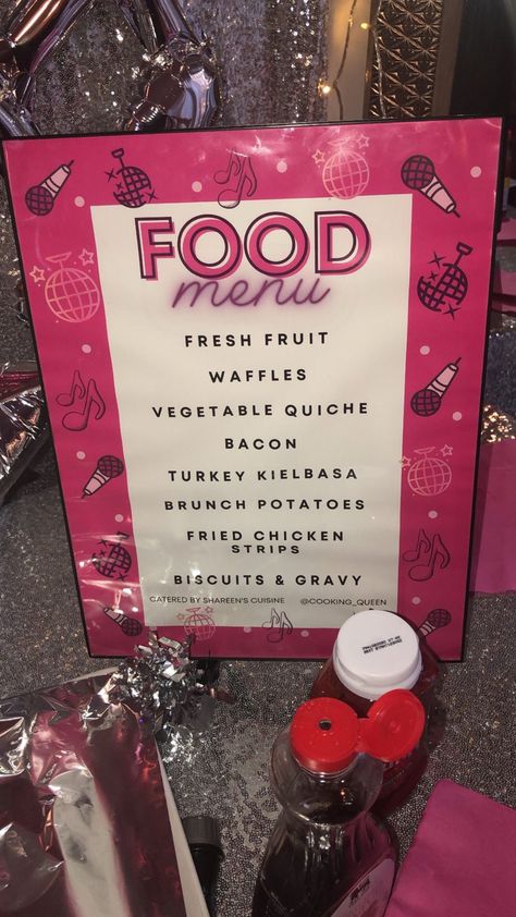 brunch menu karaoke party food menu pink party Karaoke Decorations Party Ideas, Diy Karaoke Party, Karaoke Party Ideas, Party Food Menu, Fried Chicken Strips, Vegetable Quiche, Bacon Quiche, 25th Birthday Parties, Party Decor Ideas