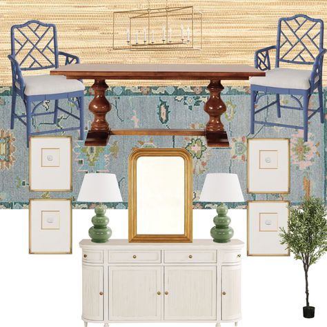 Dining Room Chinoiserie, Blue Toile Dining Room, Ballard Designs Dining Chairs, Ballard Dining Room, Dining Room Buffet Lamps, Grasscloth Dining Room Wallpapers, Blue And White Wallpaper Dining Room, Grandmillenial Dining, Blue And Green Dining Room