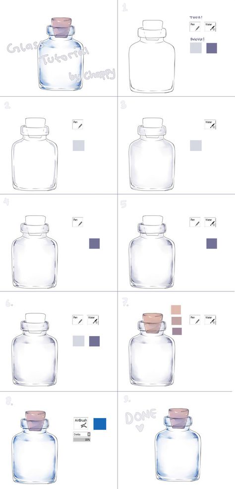 Glass Bottle Shading Drawing, Coloring Glasses Digital, Transparent Glass Drawing, Painting Glass Digital Art, Digital Art Glass Tutorial, Draw Glass Tutorial, How To Color Glass Digital Art, Drink Drawing Tutorial, Glasses Tutorial Digital