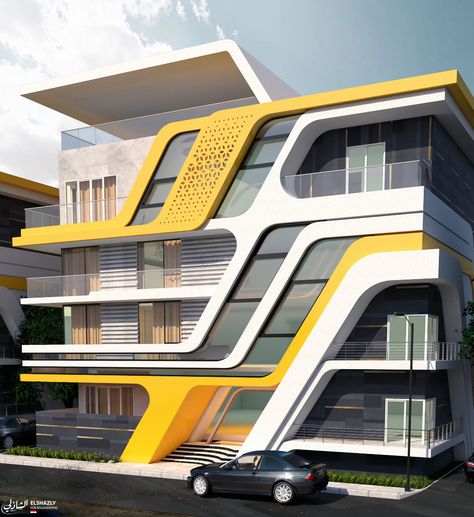 6 oct compound on Behance Modern Building Facade Design, Front Building Design, Commercial Design Exterior, Future Buildings, Facade Architecture Design, Residential Building Design, Modern Small House Design, Modern Villa Design, Architecture Design Drawing