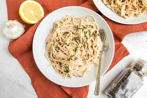 Garlic Cream Sauce with Pasta (Gluten & Dairy-Free) - From My Bowl Garlic Cream Sauce Pasta, Pasta Cream Sauce, Vegan Pastas, Creamy Garlic Pasta, Cream Sauce Pasta, Dairy Free Pasta, Pea Pesto, Gluten Free Spaghetti, Garlic Cream Sauce