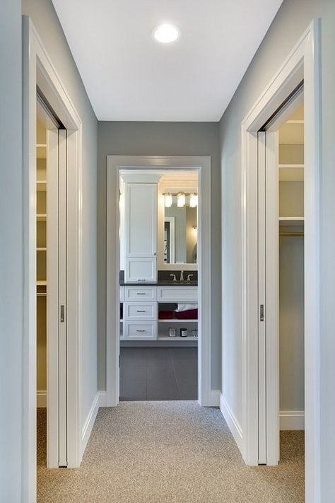 separate his and her closets are located on either side of a hallway, which leads you directly to the master bathroom. Closet To Bathroom, Walk Through Closet, Bathroom And Walk In Closet, Bedroom With Bathroom, Bedroom Addition, Best Kitchen Design, Closet And Bathroom, Closet Layout, Bad Design