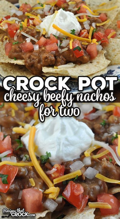 This Crock Pot Cheesy Beefy Nachos for Two recipe is a fast and easy way to have dinner on the table any night of the week. via @recipescrock Nacho Crockpot Recipe, Crock Pot Nachos Beef, Nachos Crockpot Recipe, Lunch Crockpot Recipes Mini, Crock Pot Nachos, Lunch Crockpot Recipes, Beefy Nachos, Mini Crockpot Recipes For One, Crockpot Nachos