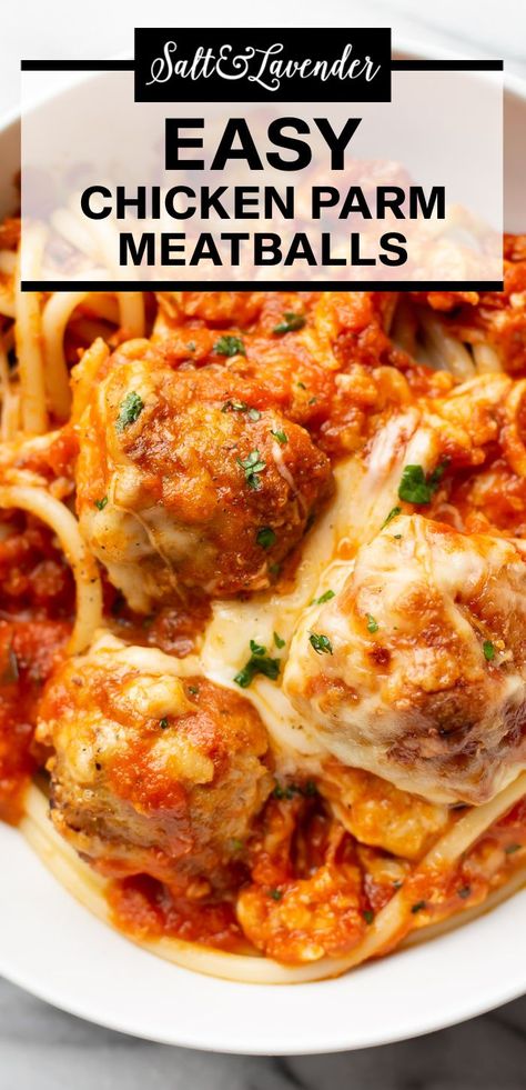 a plate of spaghetti and meatballs with text overlay that reads easy chicken parm meatballs Turkey Meatballs Crockpot, Easy Baked Spaghetti Recipe, Chicken Parmesean, Chicken Parm Meatballs, Ground Chicken Meatballs, Baked Meatball Recipe, Chicken Parmesan Meatballs, Meatball Dinner, Parmesan Meatballs