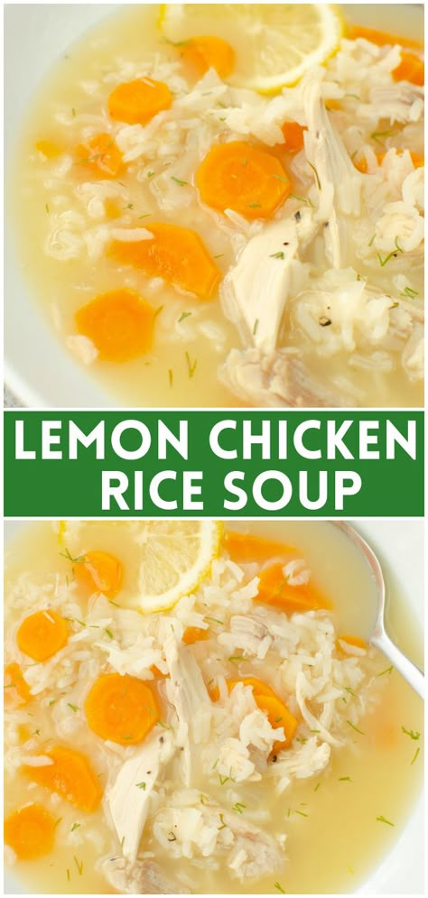 Lemon Chicken and Rice Soup - quick cooking chicken soup with rice, vegetables, and a light lemony broth. It's my favorite winter soup and great for when you're feeling a little under the weather! Chicken Soup With Rivals, Chicken And Lemon Soup, Best Soup Recipes When You're Sick, Chicken Soup With Lemon, Slow Cooker Lemon Chicken And Rice Soup, Easy Chicken Lemon Rice Soup, Lemon Pepper Chicken Soup, Chicken Rice Lemon Soup, Soup For When Your Sick