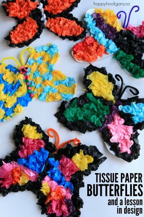 Kids will love making butterflies with this classic tissue paper art process!  What a fun way for toddlers, preschoolers AND big kids to get arty in Springtime! - Happy Hooligans Tissue Paper Butterflies, Tissue Paper Butterfly, Paper Butterfly Crafts, Tissue Paper Craft, Tissue Paper Art, Happy Hooligans, Tissue Paper Crafts, Butterfly Craft, Arts And Crafts Storage