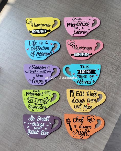 Fridge Decoration Ideas Diy, Mdf Fridge Magnets Diy, Tea Coasters Diy Ideas, Mdf Crafts Handmade Home Decor, Fridge Magnets Quotes, Fridge Decoration Ideas, Kitchen Decor Printables, Fridge Magnet Ideas, Fridge Magnets Diy