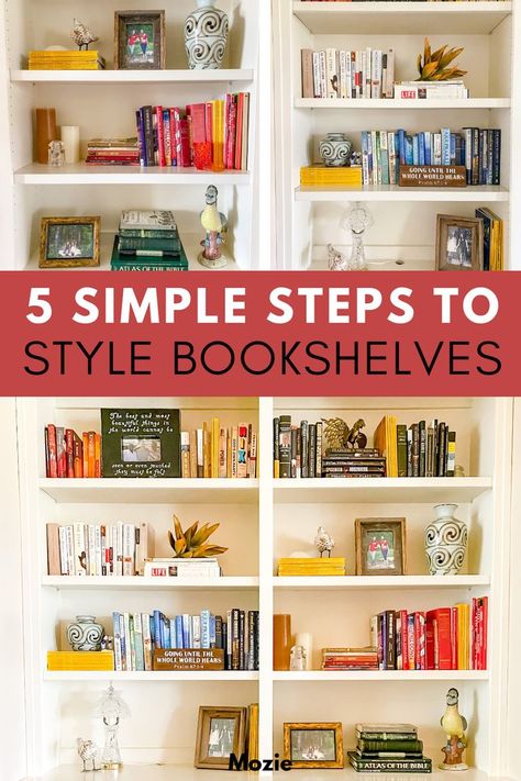 Colorful Bookcase Styling, Styling Bookshelves With Books Living Room, How To Decorate Living Room Bookshelves, How To Decorate Shelves With Books, Book Shelf Styling With Books, Bookshelf With Lots Of Books, Bookshelf Staging Ideas, How To Arrange A Bookshelf Bookcase Styling, Bookshelf Styling Lots Of Books