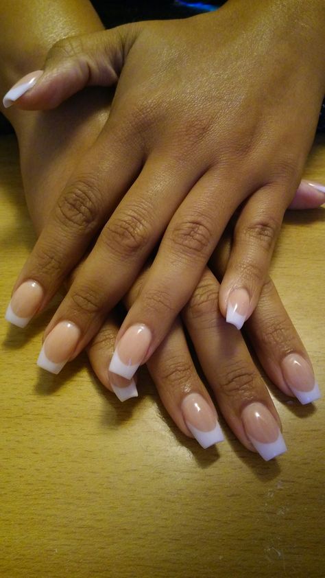 Medium Square Gel Nail Designs, Half French Tip Nails Half Solid, Pink And White Full Set Nails, Natural Looking French Tip Nails, White Squoval Nails, Short Pink And White Nails, Squoval French Tip Nails, Short Squoval Nails Design, Pink And White Nails French