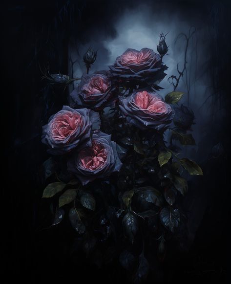 An oil painting of black roses. Gothic Oil Painting Art, Roses Art Aesthetic, Black Roses Painting, Black Rose Painting Acrylic, Goth Art Painting, Gothic Love Art, Dark Painting Aesthetic, Gothic Art Aesthetic, Black Rose Painting