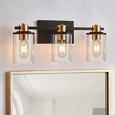 Half Bath Light Fixture, Gold Hardware Bathroom, Bathroom Lights Above Mirror, Brass And Black Bathroom, Gold Vanity Lights, Above Mirror Bathroom Lighting, Vanity Lighting Over Mirror, Gold Bathroom Fixtures, 3 Light Bathroom Vanity Light