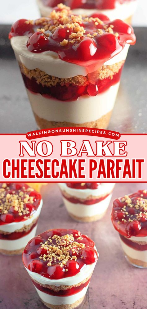 This No Bake Cheesecake Parfait with Cherry Pie Filling is a no-bake treat made with a cheesecake filling, graham cracker crumbs, and topped with a sweet cherry pie topping. It's a quick and easy dessert to make at home! Cherry Cheesecake In A Cup, Parfait With Frozen Fruit, Mini Cheesecake Parfait, Pie In A Cup No Bake, Graham Cracker Parfait, Cheesecake Supreme Recipe, Mini Cheesecake Parfait Desserts, Dessert Shots No Bake, Cherry Cheesecake Bites No Bake