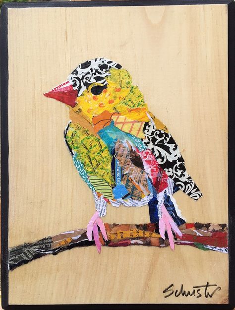 Torn paper collage by Karla Schuster! Very Nice! Paper Collage Art Birds, Collage Quilts, Collage Art Projects, Paper Collage Art, Bird Quilt, Landscape Quilts, Animal Quilts, Collage Art Mixed Media, Collage Artists