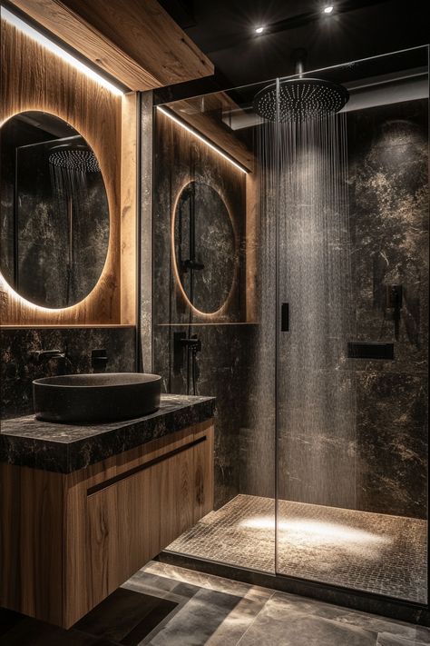 Upgrade your home with these modern bathroom ideas! Featuring sleek black fixtures and warm wood accents, this design brings elegance and sophistication to any space. Perfect for those looking to create a chic and relaxing bathroom retreat. #ModernBathroomIdeas #HomeDecor #LuxuryLiving Wood Black And Gold Bathroom, Moody Wood Bathroom, Mansion Bathrooms Luxury Master Bath, Dark Black Bathroom, Black Master Bath Ideas, Dark Industrial Bathroom, Black Walls In Bathroom, Black Marble Shower Walls, Modern Moody Bathroom