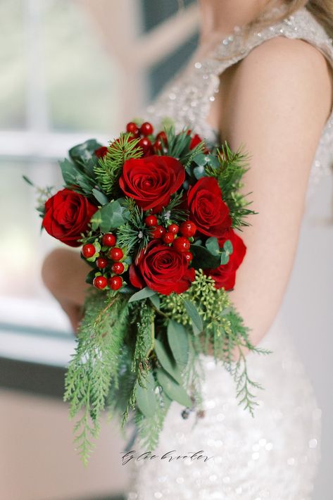 Red Roses, greenery & Holly Berries for your NYE Wedding Bridal Bouquet Red Rose Bridal Bouquet Winter, Holly Wedding Bouquet, December Wedding Bouquets, Holly Bouquet, Christmas Wedding Bouquet, Christmas Eve Wedding, Red Rose Bridal Bouquet, Winter Bouquets, Bouquet Styles