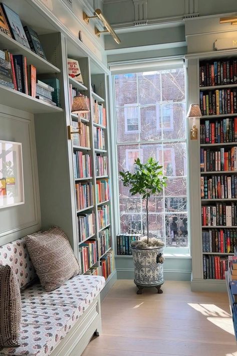 Sunroom With Bookshelves, Library Room Inspiration, Bookcase In Small Bedroom, Small Library In House, Beacon Hill Bookstore, Small Library At Home, Small Bedroom Library, Boston Bookstores, Girly Library