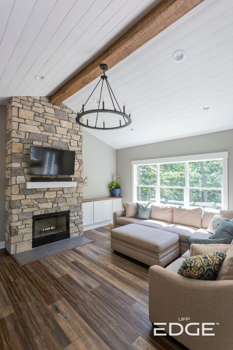 This home ceiling features our Timeless Farmhouse White shiplap. A smooth, white ceiling like this brings clean lines and brightens up a room. See how to install shiplap on your home ceiling. #shiplap #timeless #homeceiling #shiplapceiling Vaulted Shiplap Ceiling Living Room, White Wood Plank Ceiling, White Planked Ceiling, Shiplap Wall Vaulted Ceiling, Shiplap Walls And Ceilings Bedroom, Shiplap Ceiling With Beams Living Room, Mdf Shiplap Ceiling, Vaulted Plank Ceiling, Shiplap Ceiling Vaulted With Beams