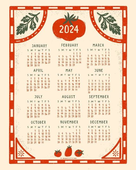 2024 Full Year Calendar, Yearly Calendar Design, Wall Calendar Aesthetic, 2024 Calendar Design, Calander Ideas, Retro Calendar, Cute Calendars, Month Illustration, Calendar Graphic