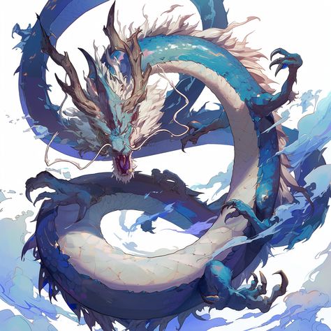 Long Chinese dragon in blue, white background, anime style. Blue Eastern Dragon, Long Dragon Art, Chinese Dragon Oc, Japanese Water Dragon, Blue Dragon Anime, White Background Anime, White Dragon Art, Blue Dragon Art, Blue Japanese Dragon