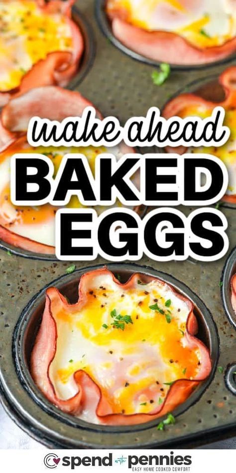 This baked eggs recipe is the perfect way to start the day! All that is needed for this delicious breakfast is some eggs, ham, and cheese. To make, just line muffin tin cups with the ham, add a cracked egg, and some cheese and then bake in the oven. For added flavor add some spinach or even chopped mushrooms, these little cups are so versatile.  #bakedeggs #easybakedeggs #bakedeggsrecipe #spendwithpennies Easy Breakfast Muffins Eggs, Muffin Tin Ham And Eggs, Baked Ham And Eggs In Muffin Tin, Muffin Eggs Cups, Ham Eggs Cheese Muffin Tin, Baked Ham And Egg Cups, Large Egg Muffin Cups, Ham Muffin Cups, Egg In Oven Muffin Tins