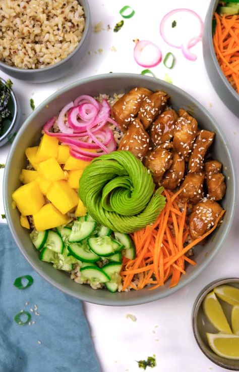 Teriyaki Chicken Poke Bowl (with Rice and Mango) Teriyaki Chicken Poke Bowl, Chicken Poke Bowl Recipe, Chicken Poke Bowl, Grilled Bbq Chicken Breast, Chicken Sushi, Teriyaki Chicken Rice Bowl, Mango And Avocado, Tofu Bowl, Teriyaki Chicken And Rice