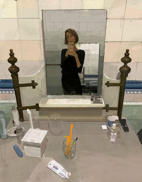 ArtStation - Mirror selfie in the bathroom, Ekaterina Ermolaeva Standing In Front Of Mirror, In Front Of Mirror, Mirror Bathroom, Person Standing, The Bathroom, Great Britain, Bathroom Mirror, Mirror Selfie, Mirror