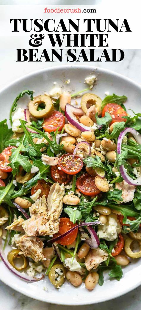 Tuna Beans Salad, Tuscan Bean Salad Recipes, Dinner Beans Recipe, Bean Recipes Lunch, Tuna Bean Salad Recipe, White Bean And Tuna Salad Recipes, Tuna And Arugula Salad, Arugula Bean Salad, White Bean Dinner Recipes