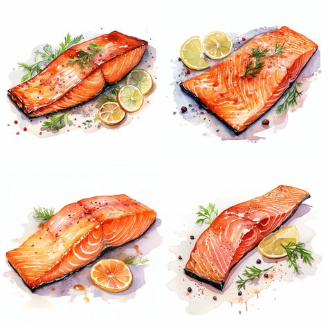 Watercolor painting, watercolor print, watercolor clipart, watercolor illustration, watercolor portrait, watercolor art Salmon Watercolor Painting, Fish Food Art, Food Illustrations Watercolor, Seafood Watercolor, Watercolor Art Food, Watercolor Salmon, Food Drawing Sketches, Food Watercolor Illustration, Salmon Painting