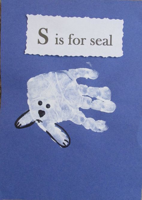 Seal handprint Seal Handprint Craft, Seal Preschool Activities, Seal Crafts For Toddlers, Artic Animal Art For Toddlers, Winter Animal Toddler Crafts, Seal Activities For Preschool, Seal Activities For Kids, Arctic Crafts For Toddlers, Seal Craft Preschool