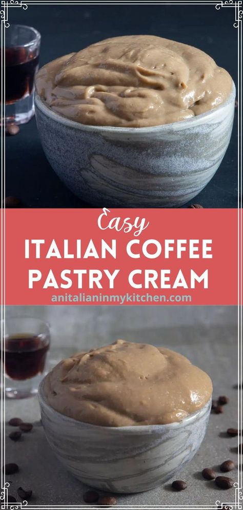 This Coffee Pastry Cream, is an easy Italian recipe, it makes an amazing filling for cakes or even pies. Made with a strong coffee, fresh cream, egg yolks and milk. It will take your favorite recipes to the next level! Eclair Filling Recipe, Coffee Filling, Filling For Cakes, Coffee Pastry, Cream Filling Recipe, Cream Filled Donuts, Easy Homemade Cookies, Pastry Cream Recipe, Pastry Cream Filling