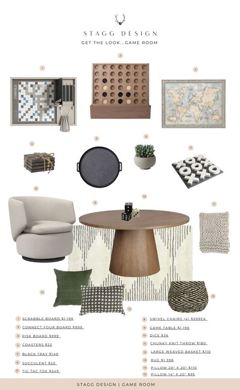 Get the Look: Family Game Room Lounge Table And Chairs, Coffee Game Table, Studio Mcgee Game Room, Family Fun Room Ideas, Game Nook Ideas, Family Room Play Area, Game Room Nook Ideas, Game Nook In Living Room, Game Room Mood Board