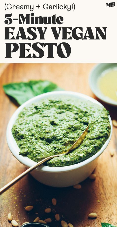 Easy, 5-MINUTE vegan pesto that's bright, garlicky, and cheesy without dairy. It's perfect for pasta, pizza, soups, salads, and more! Minimalist Baker Vegan, Easy Vegan Pesto, Endo Diet, Keto Sauces, Minimalist Baker, Vegan Pesto, Pasta Pizza, Vegan Sauces, Recipes Vegan