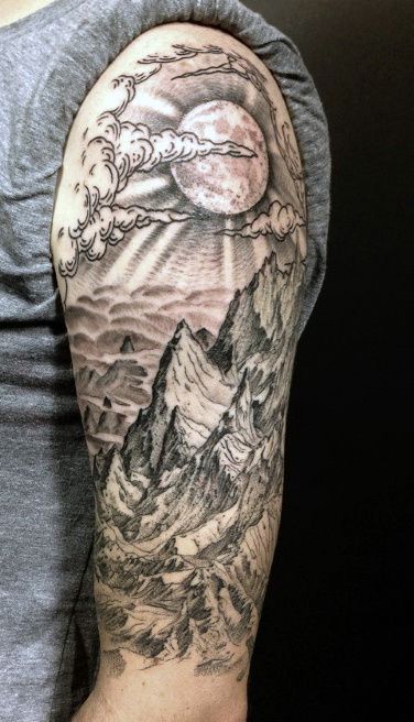 Half Sleeve Man With Mountain View Tattoo Nature Tattoo Sleeve Women, Natur Tattoo Arm, Tato Paha, Cool Half Sleeve Tattoos, Nature Tattoo Sleeve, Forest Tattoos, Landscape Tattoo, Cloud Tattoo, Tato Lengan