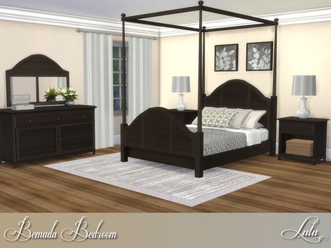 Canopy Bed Sims 4 Cc, Sims 4 Dresser Room Cc, Sims 4 Canopy Bed, Japan Bedroom, Four Poster Bedroom, Sims 4 Beds, Wooden Bedroom Furniture, Matching Nightstands, Sims 4 Bedroom