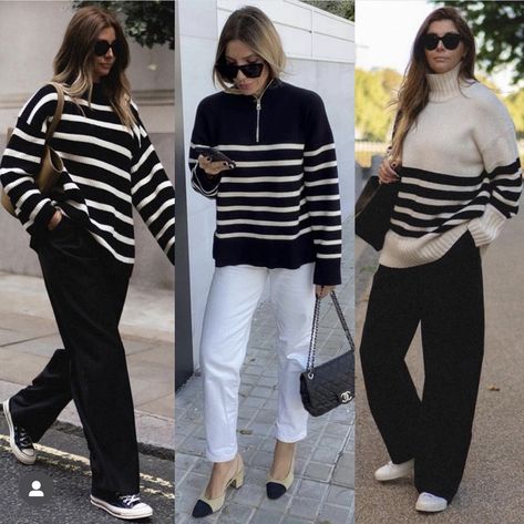 Striped Black Sweater Outfit, Black Striped Jumper Outfit, Black And White Stripe Knit Sweater Outfit, Black And White Pullover Outfit, Stripe Sweater Outfit Winter, Stripe Pullover Outfit, Black And White Sweatshirt Outfit, Black White Stripe Top Outfit, Black Turtleneck Jumper Outfit