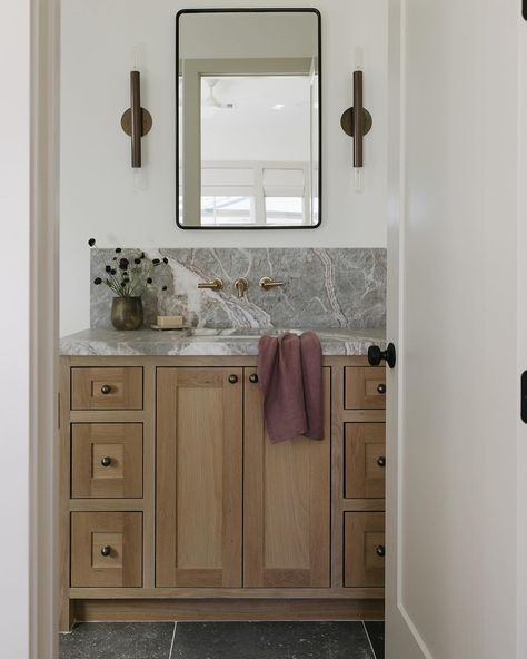 Instagram Vanity Exposed Plumbing, Inset Cabinets Bathroom, Sink And Toilet On Same Wall, Half Bathroom Vanity, Powder Room Floating Vanity, Transitional Guest Bathroom, Cabinet Above Toilet, Primary Bed, Exposed Plumbing