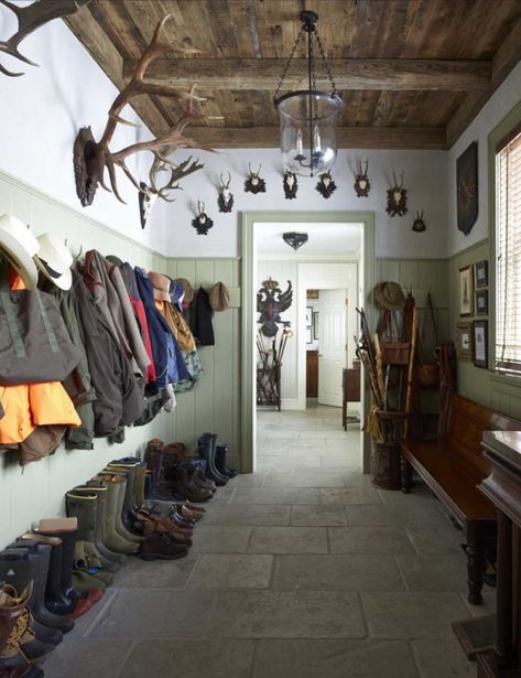 Brick Floor Hallway, Rustic Mudroom, Greek Revival Home, Mud Room Entry, Hunting Room, Mudroom Decor, Boot Room, Greek Revival, Laundry Mud Room