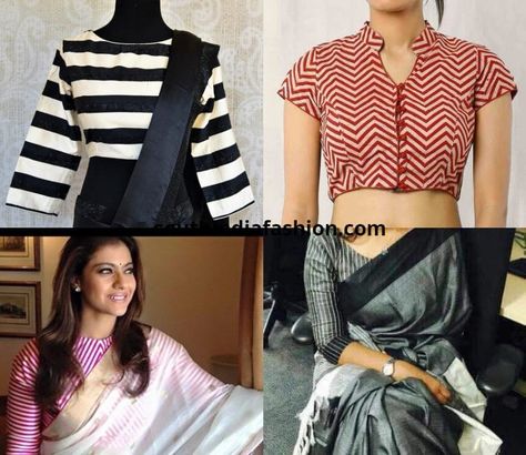 Striped Blouses: A Cool Trend To Follow Sleeves Less Blouse Designs, Blouses For Sarees, Striped Blouses, Stripes Blouse, Plain Saree, Of Sarees, Unique Blouse Designs, Peplum Styling, Unique Blouse