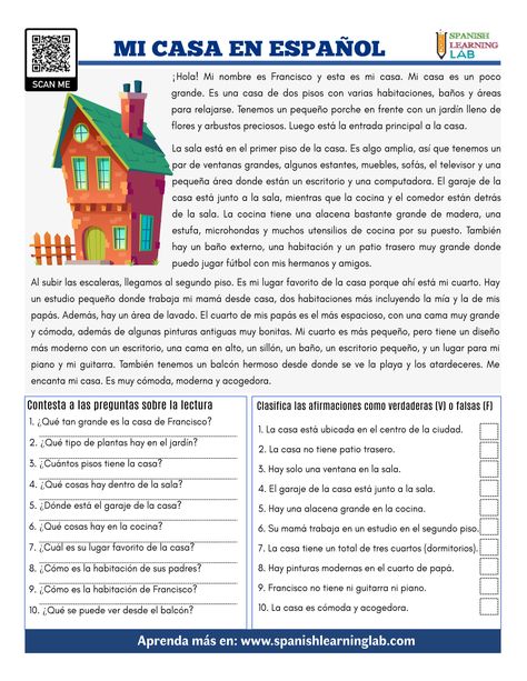 This is my House in Spanish - PDF Reading Worksheet - Spanish Learning Lab Spanish Reading Practice, Reading In Spanish, Spanish Reading Comprehension Free, Spanish Class Worksheets, Spanish Worksheets High School, Elementary Spanish Worksheets, Spanish Teacher Classroom, Spanish Reading Activities, Spanish Homework