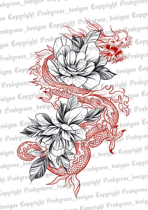 Ruby Rose Designs, Tattoo Outline Drawing Stencil Ideas, Tattoo Outline Drawing Stencil, Dragon Thigh Tattoo, Dragon Tattoo Stencil, Floral Dragon, Black Dragon Tattoo, Red Dragon Tattoo, Tato Henna