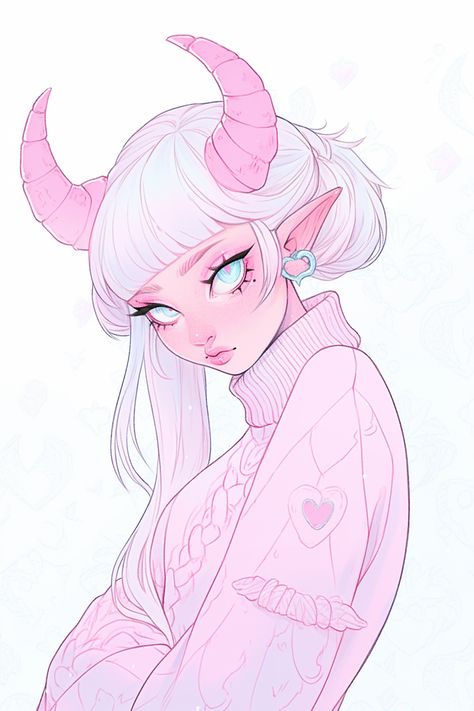 Demon Ych Base, Pink People Art, Adorable Art Styles, Pink Tiefling Female Dnd, Pink Character Pfp, Angel Demon Art, Pink Character Art, Oc Girl Art, Succubus Character Design