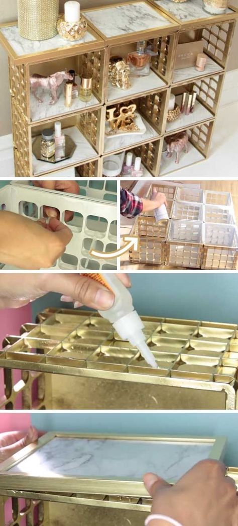 Dollar Tree Crate Organizer. Spray paint plastic storage crates with metallic paint. Add a bit of marble scrapbook paper or shelf liner paper to gold picture frames and lay on top of and inside the crates creating a shelf. Great idea that looks amazing! Not sure how sturdy this would be though. Gold Organizer, Organizer Diy, Dollar Tree Decor, Painting Plastic, غرفة ملابس, Diy Home Decor Ideas, Marble And Gold, Living Room On A Budget, Crate Storage