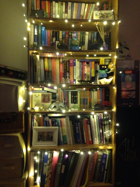 Bookcase Fairy Lights, Fairy Lights Shelves, Fairy Lights Shelf, Bookcase With Lights, Aesthetic Bookshelf, Bookshelf Aesthetic, Dvd Shelves, Dream Flat, Creative Bookshelves