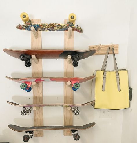 Skateboard Racks Diy, Diy Yoga Mat Holder, Skateboard Mount, Skateboard Holder, Skateboard Storage, Skateboard Wall Mount, Skateboard Rack, Surfboard Storage, Bedroom Display